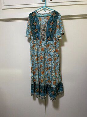Shein, green mid/max floral dress w/embroidery, size 2XL